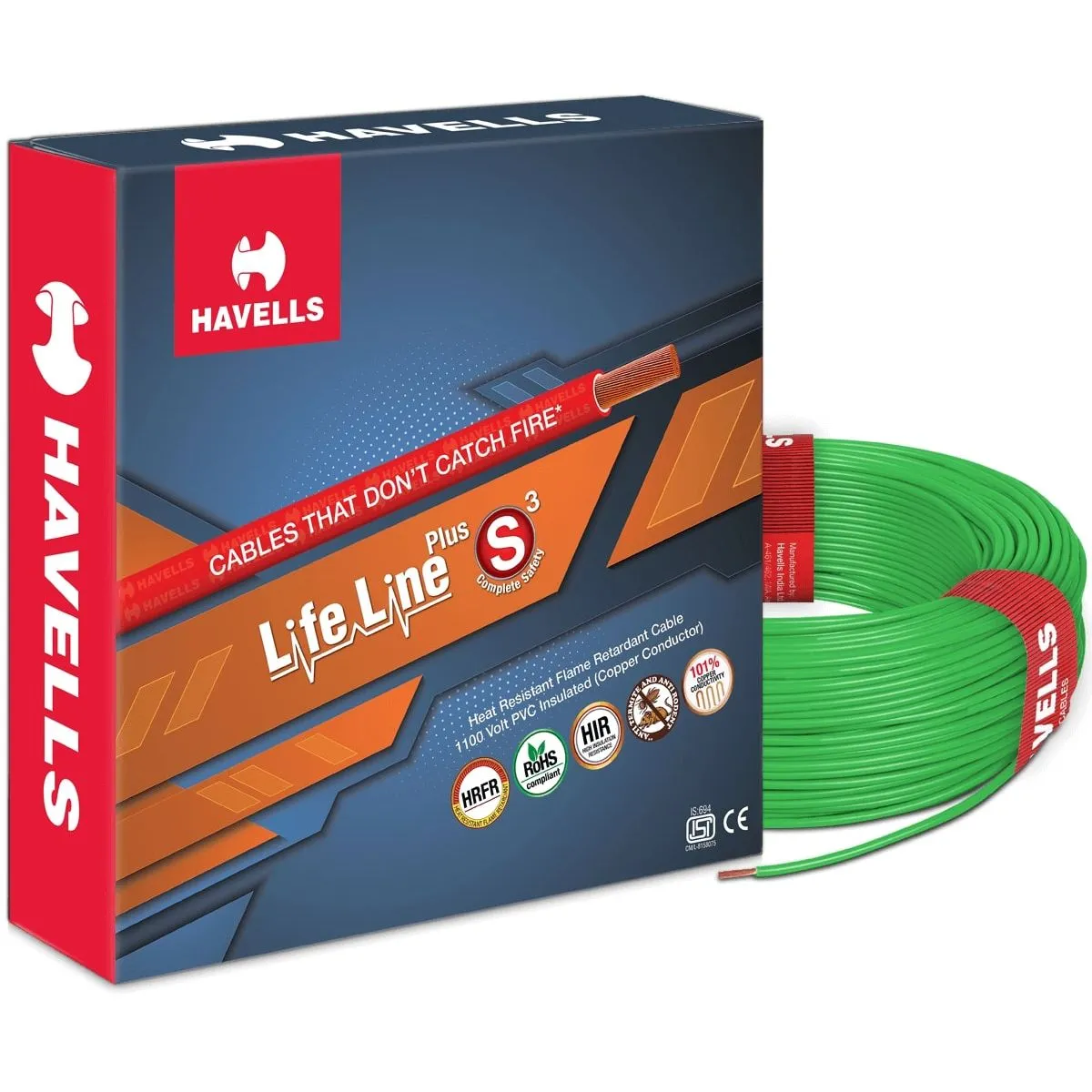 Havells Lifeline Plus S3 (HRFR) Wire 2.5 sq mm – Green, 90 m Coil at Sathvik Electricals – Havells Galaxy, Naini, Prayagraj
