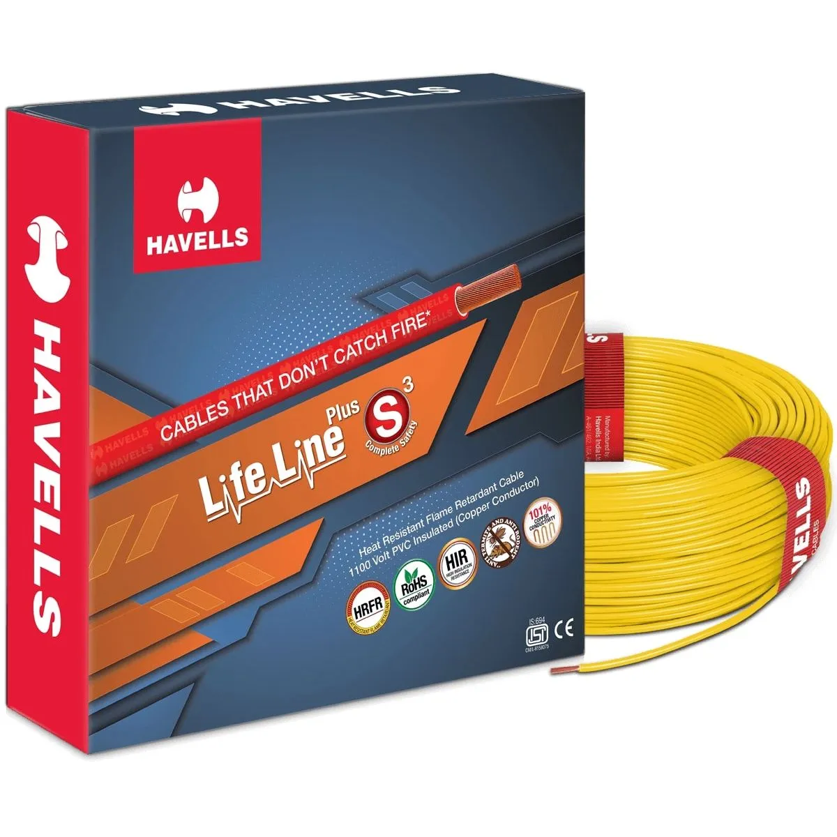 Havells Lifeline Plus S3 (HRFR) Wire 6.0 sq mm – Yellow, 90 m Coil at Sathvik Electricals – Havells Galaxy, Naini, Prayagraj