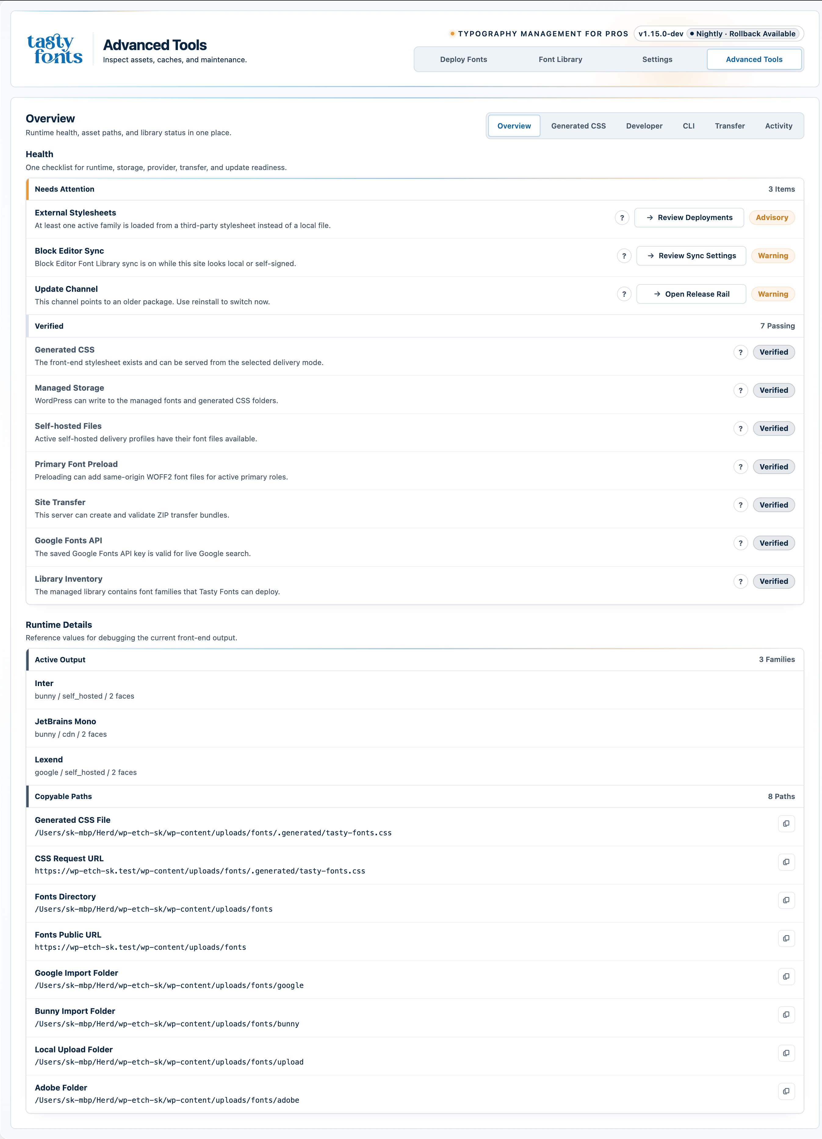 Advanced Tools — generated CSS, diagnostics, and activity log