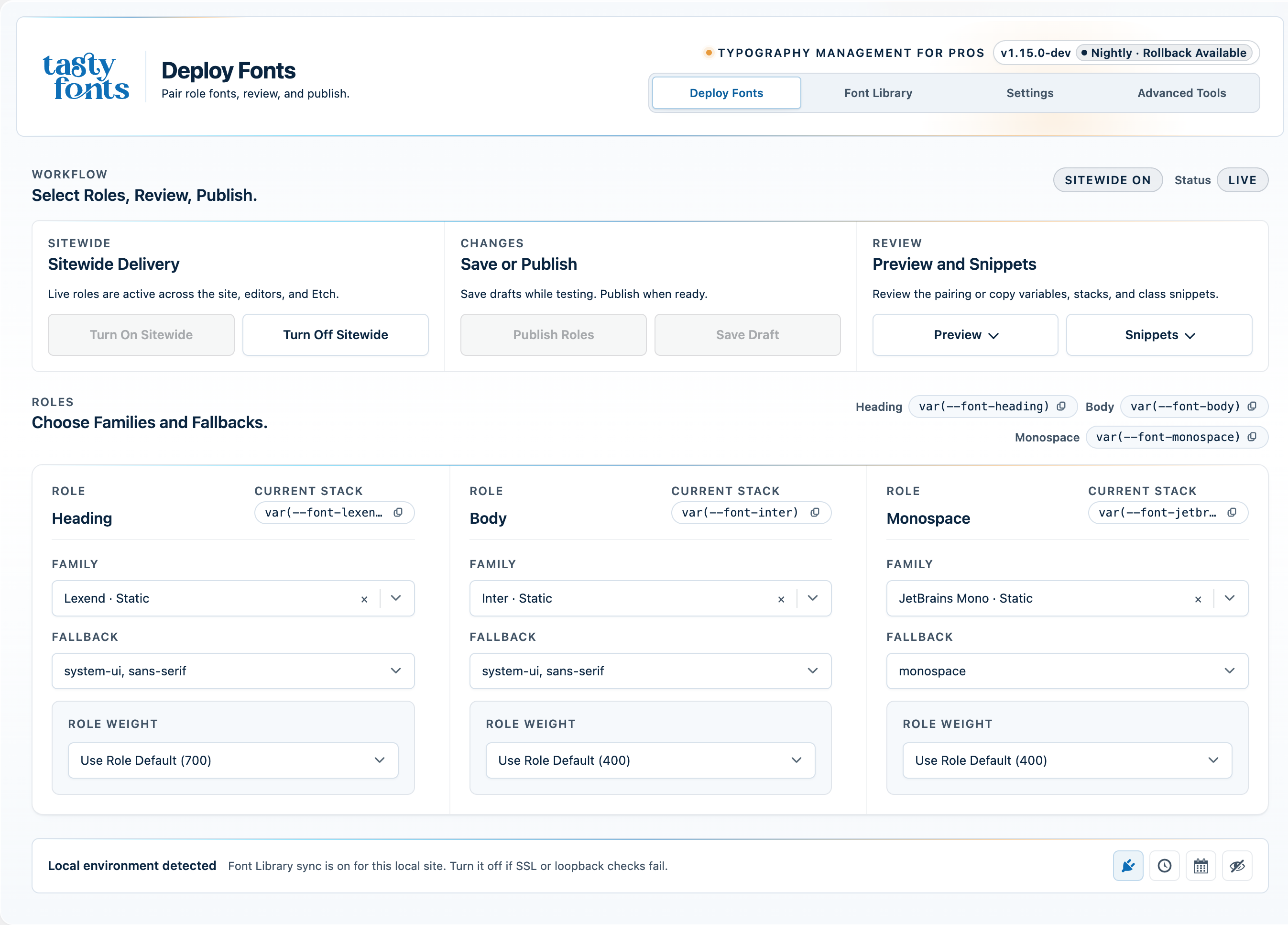 Deploy Fonts — compare draft and live typography before publishing