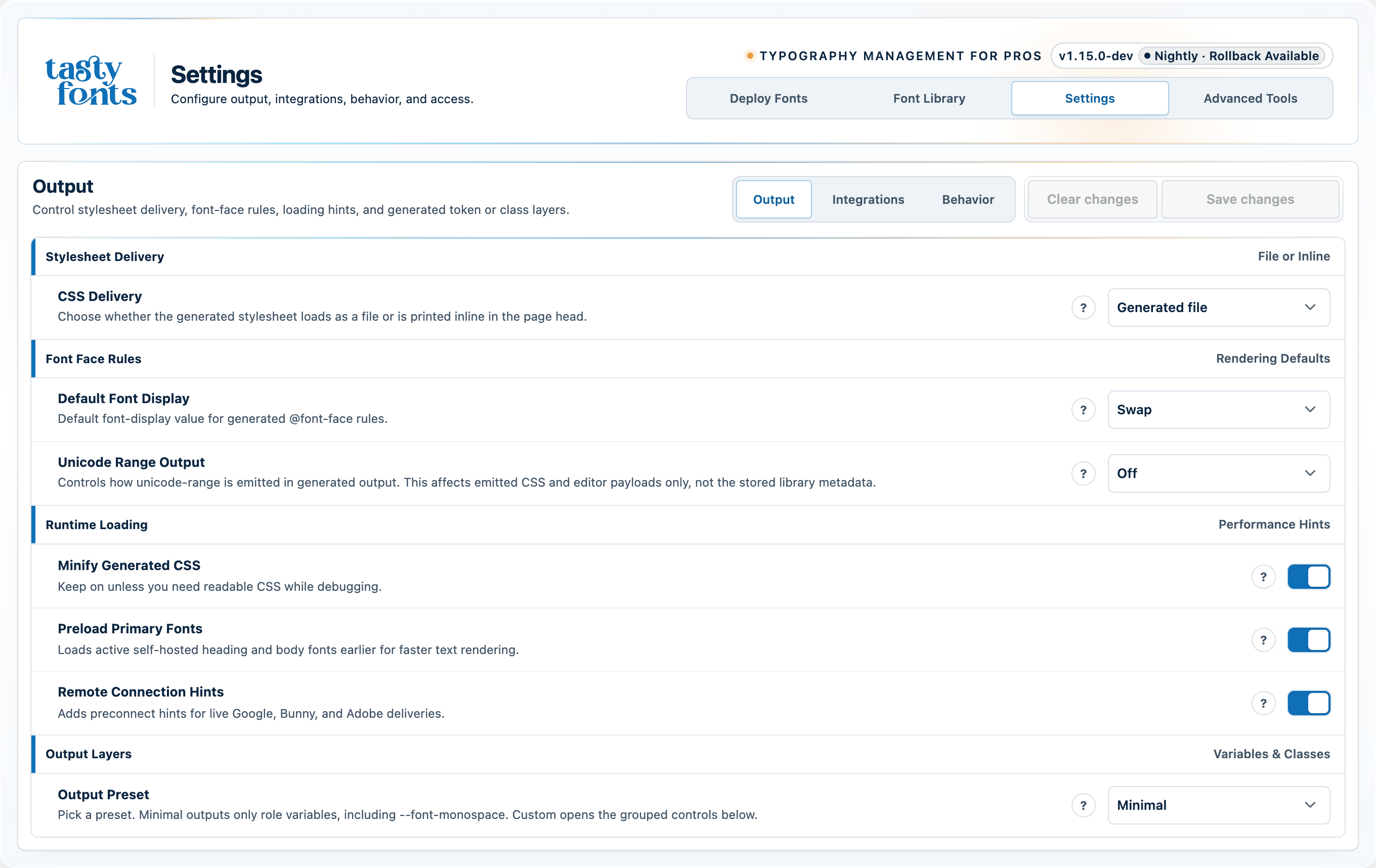 Settings — output controls, integrations, and runtime behavior