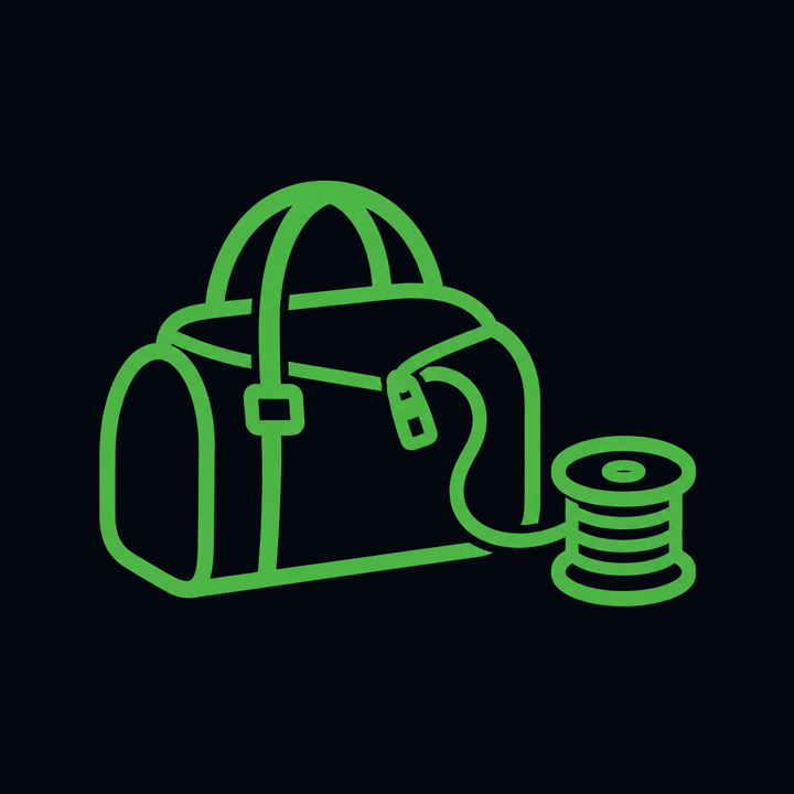 gobag: a duffel bag with a thread spooling out of the zipper