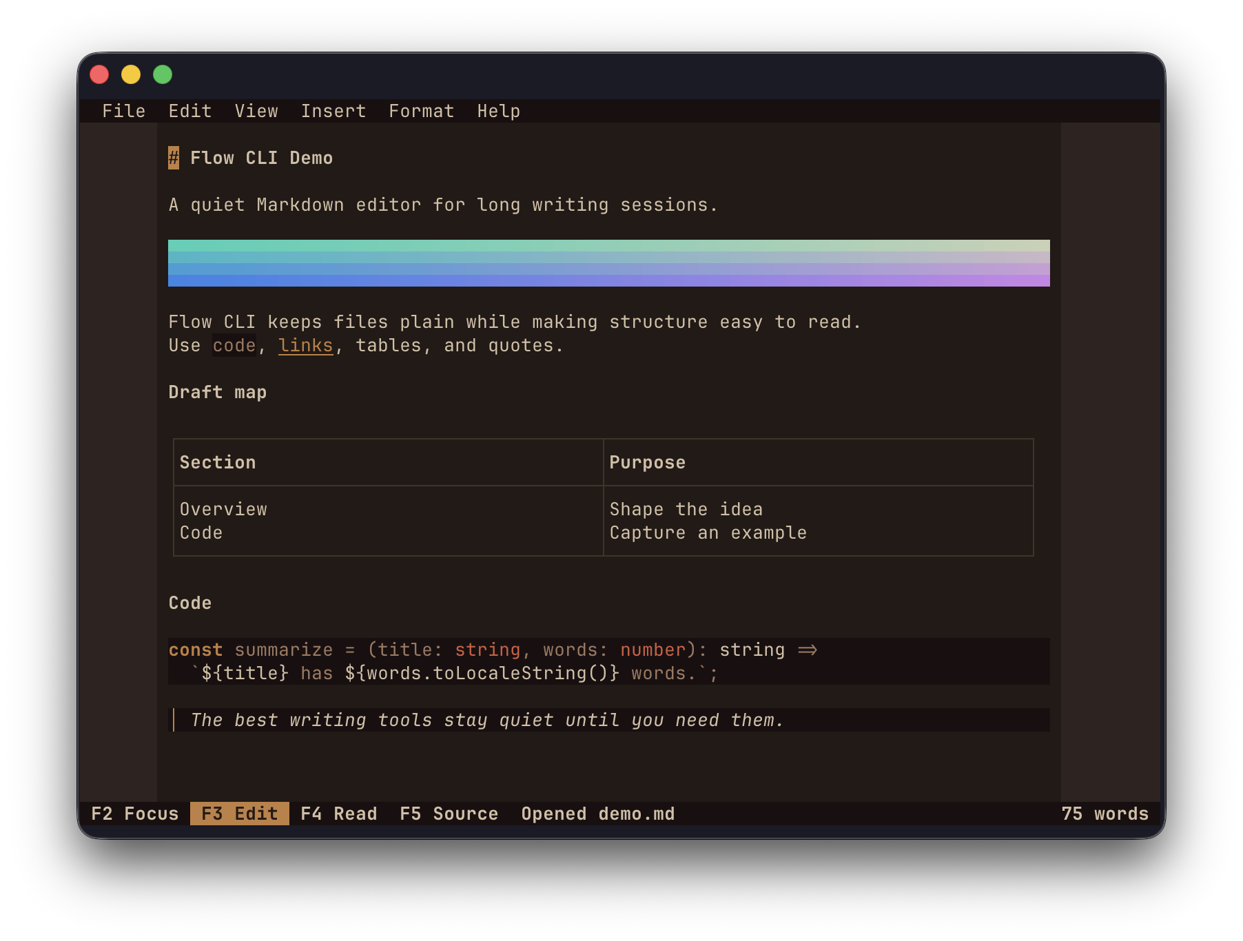 Flow CLI editing a Markdown demo document