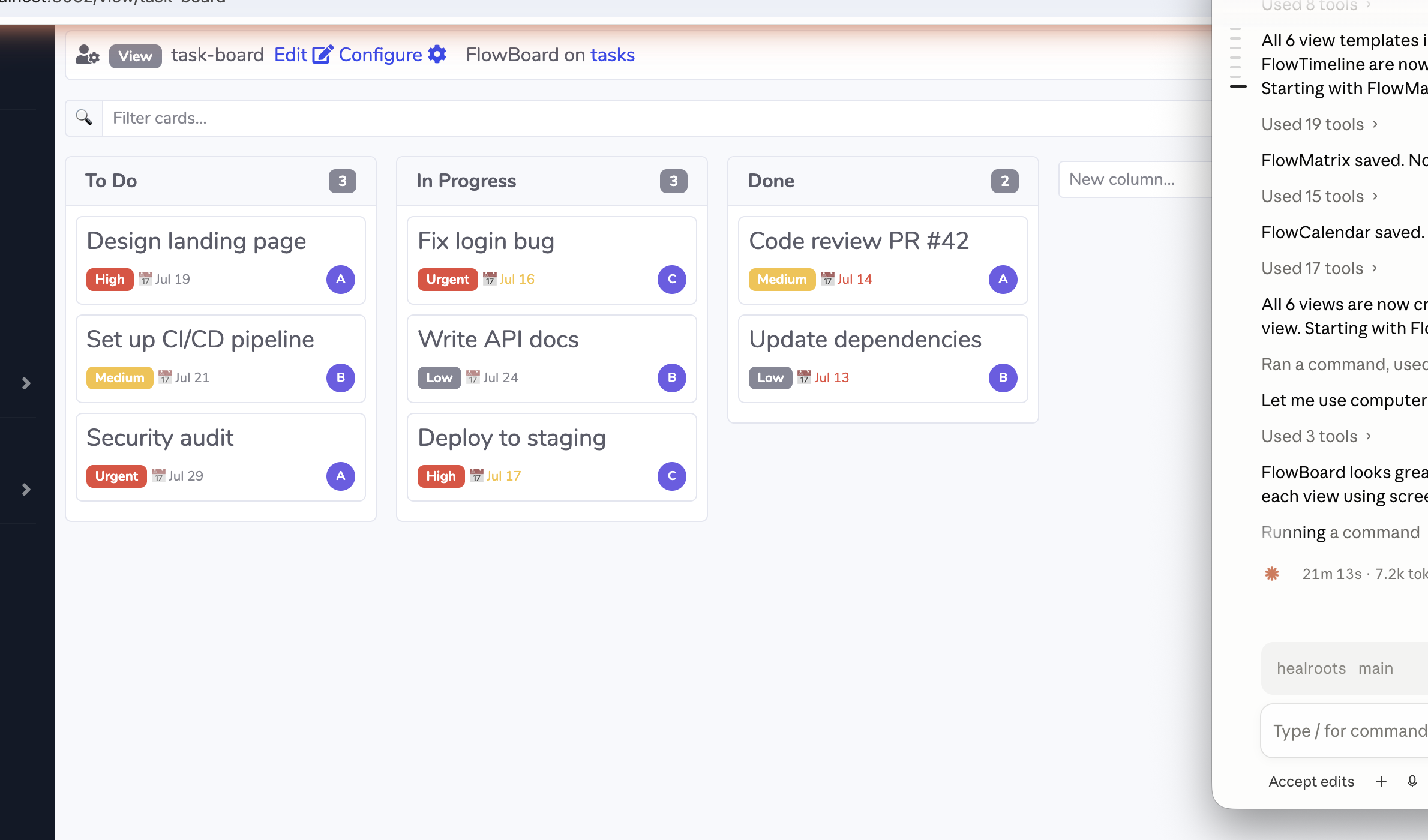 FlowBoard kanban board with draggable cards, priority badges, due dates and assignee avatars