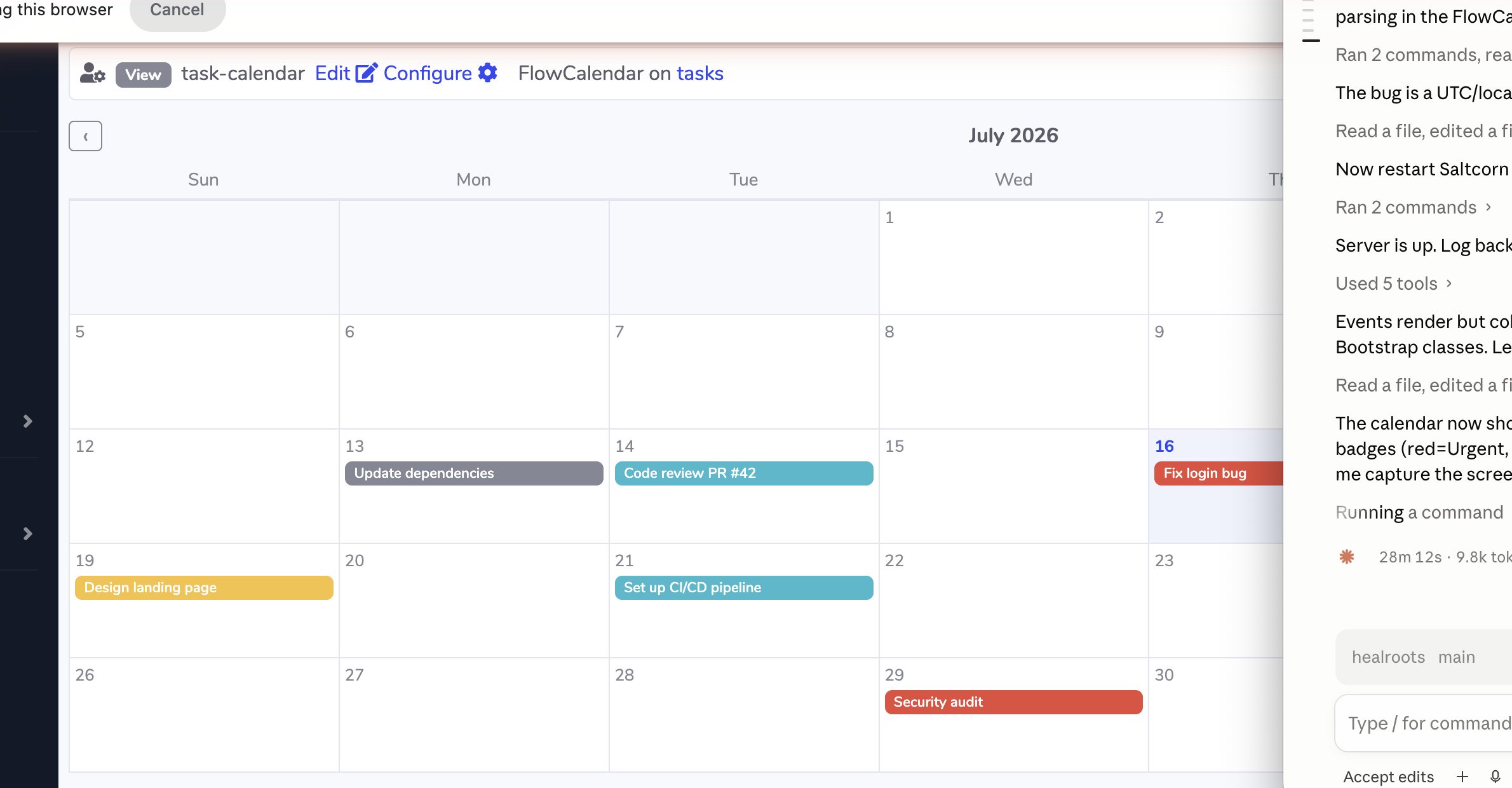 FlowCalendar monthly calendar with colour-coded event chips and drag-to-reschedule