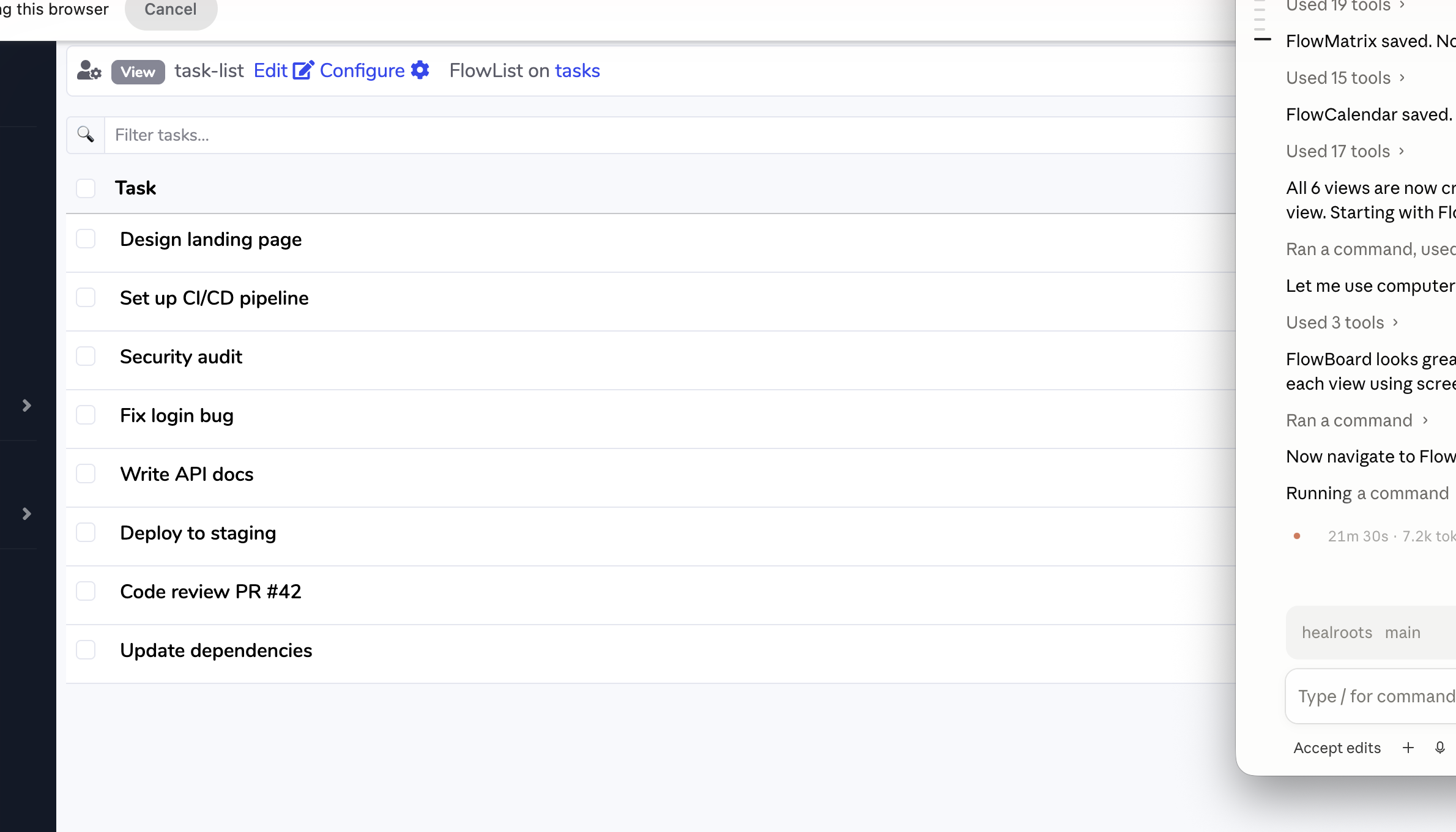 FlowList flat task list with inline status and priority dropdowns, search bar, bulk edit toolbar