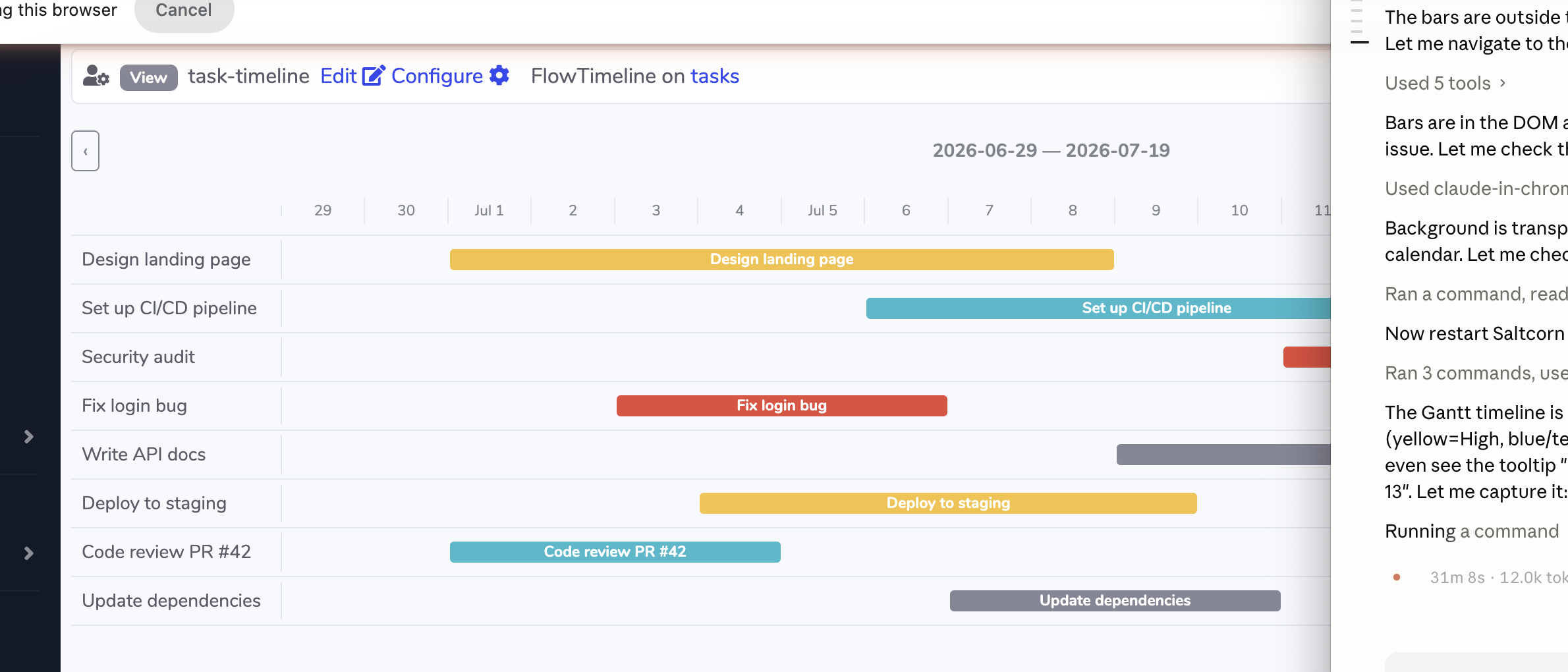 FlowTimeline Gantt timeline with colour-coded bars and drag-to-reschedule