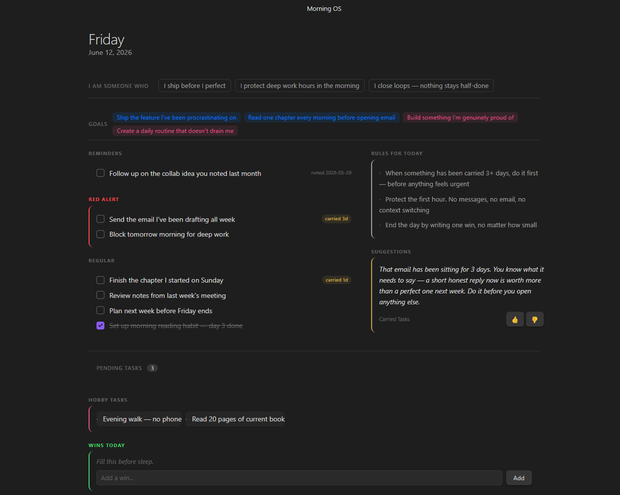 Morning OS Dashboard — dark mode