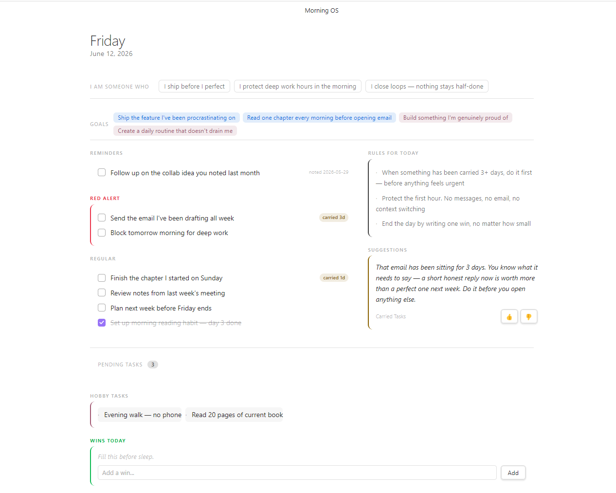 Morning OS Dashboard — light mode