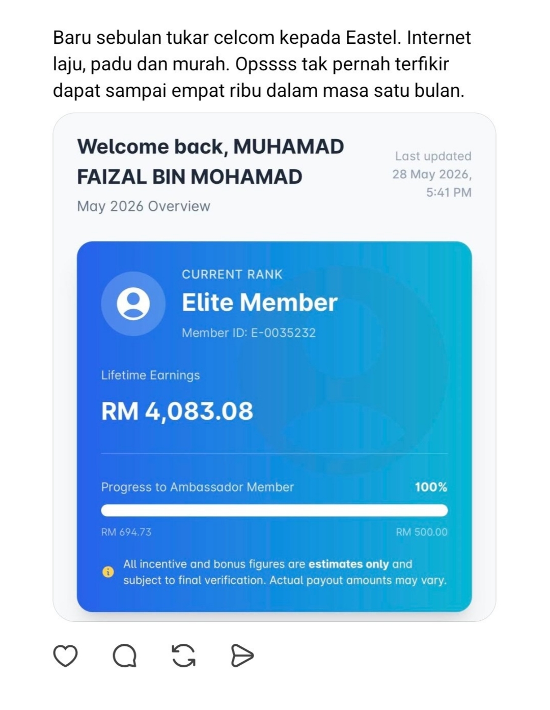 Testimoni Eastelpreneur — RM4,083 dalam sebulan
