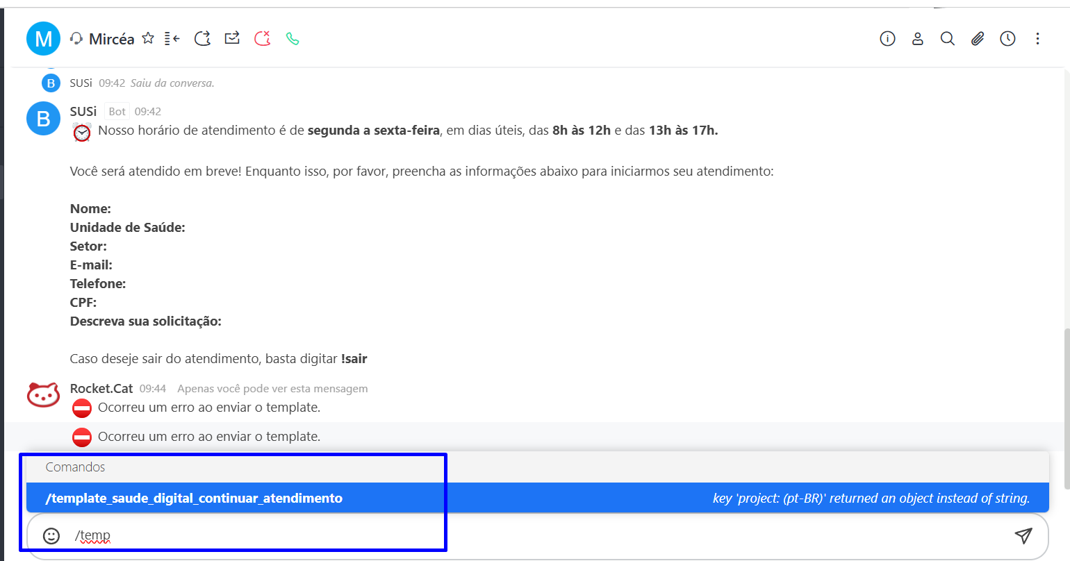 Digitando o comando do template no HopChat