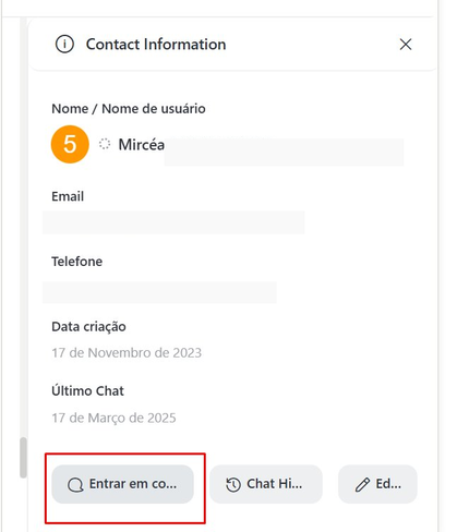 Botão Entrar em contato no painel Contact Information