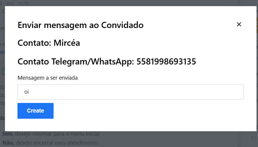 Modal Enviar mensagem ao Convidado com botão Create