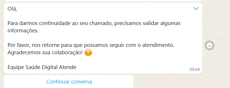 Mensagem recebida pelo usuário no WhatsApp com botão Continuar conversa
