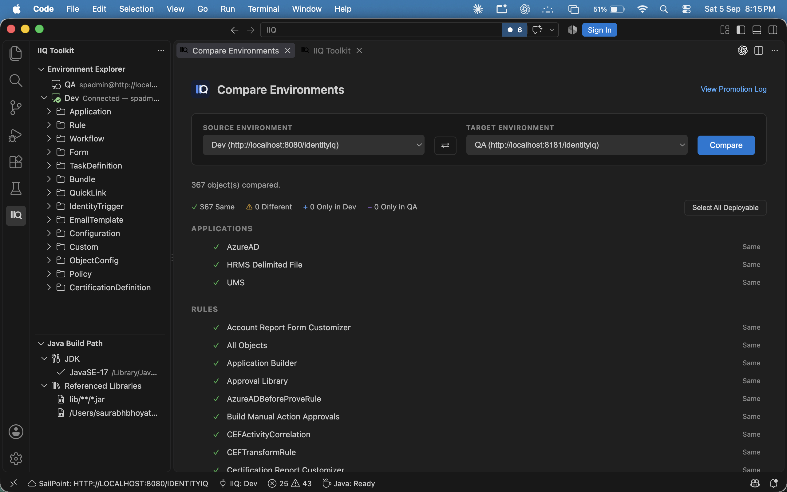 Comparing every object between two IdentityIQ environments