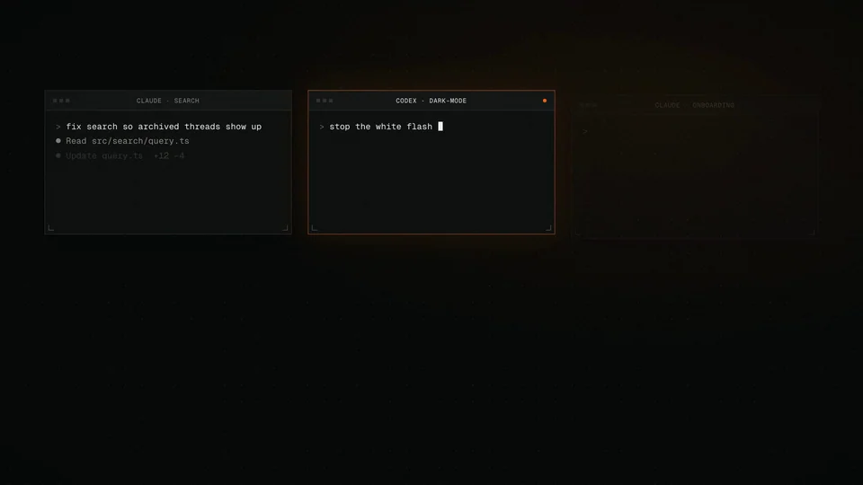 Five terminal windows, each with an agent waiting on a different task