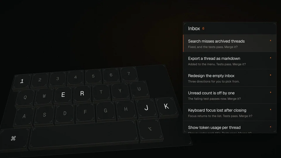 The keys E, R, J, K and the number row light up over the inbox, then the command palette opens on the themes