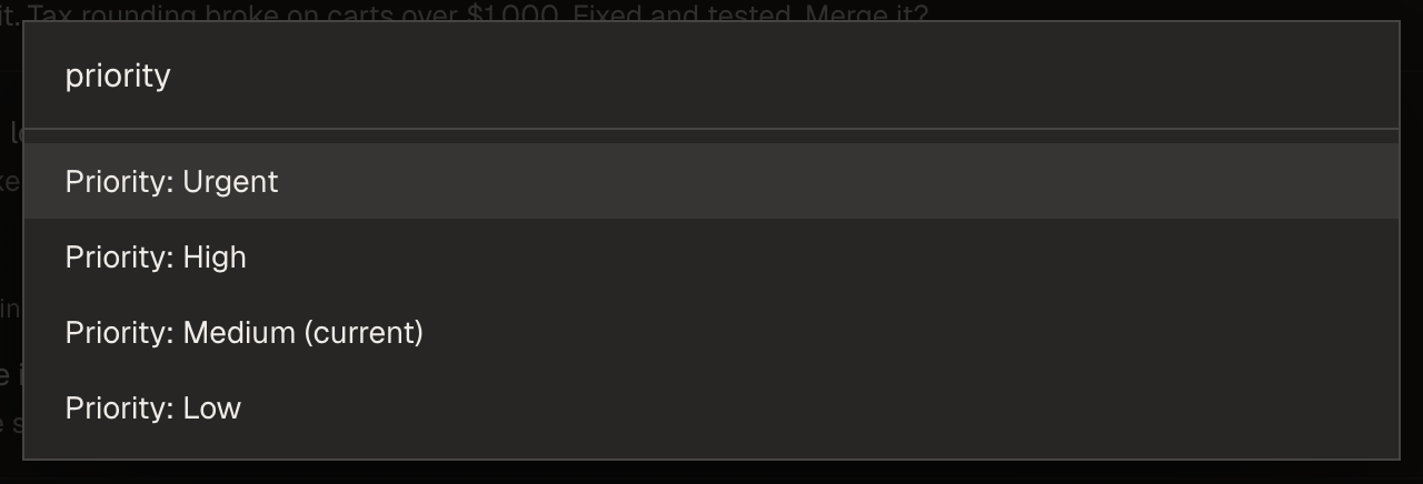 The command palette showing Priority Urgent, High, Medium and Low for the selected row
