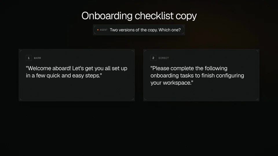 Two versions of onboarding copy, and a typed reply asking for something shorter is sent back to the agent