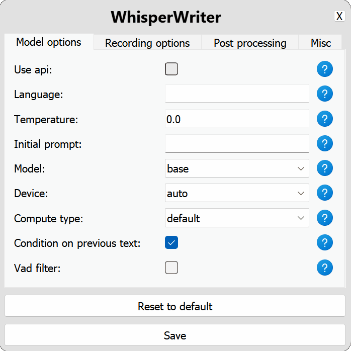 WhisperWriter Settings window demo gif