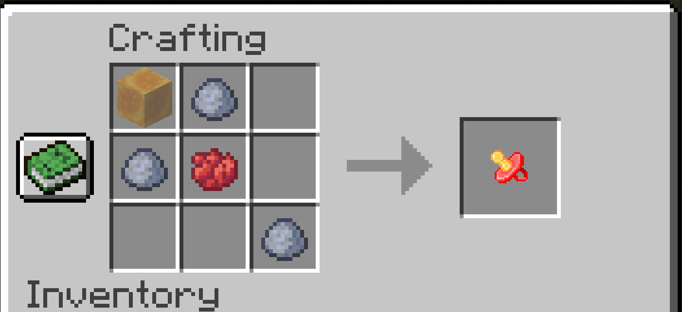 Shaped recipe. In order from left to right, top to bottom: Honey Block, Clay ball, Empty, Clay ball, Red Dye, Empty, Empty, Empty, Clay Ball