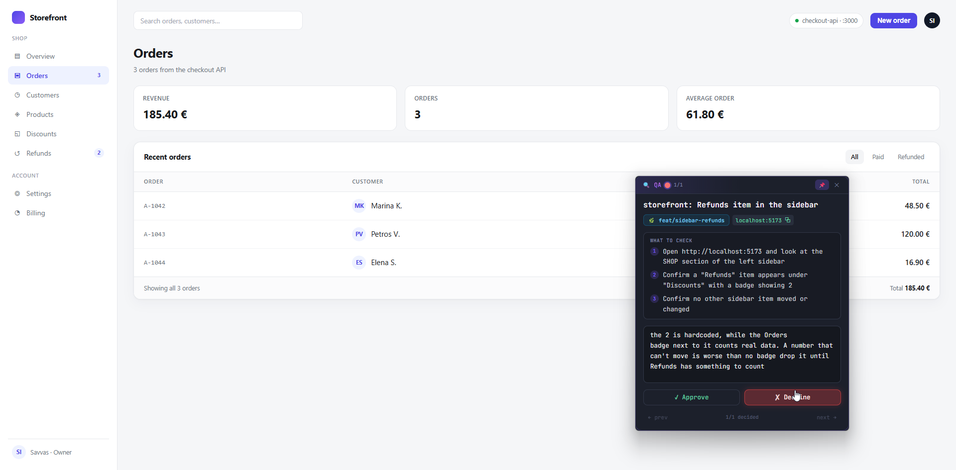 The QA window over a running app, listing what to check, with a typed note and Approve and Decline buttons