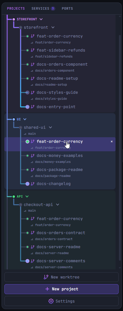 The projects sidebar: three repositories, each with its main branch and the worktrees agents are working in
