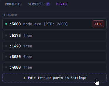 The Ports panel listing listening ports