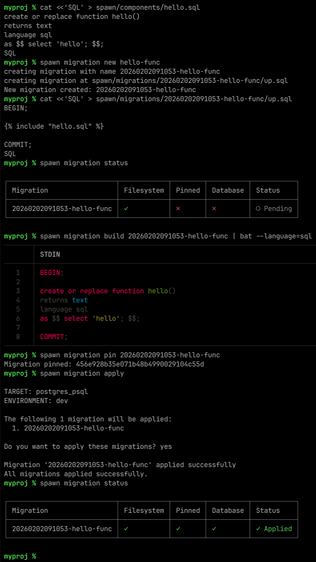 Terminal session showing spawn migration new, a colourised SQL build, spawn migration pin, and spawn migration apply, with the migration status table going from Pending to Applied