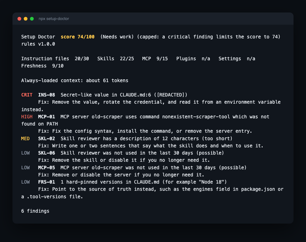 Terminal output of npx setup-doctor showing score, category breakdown and findings
