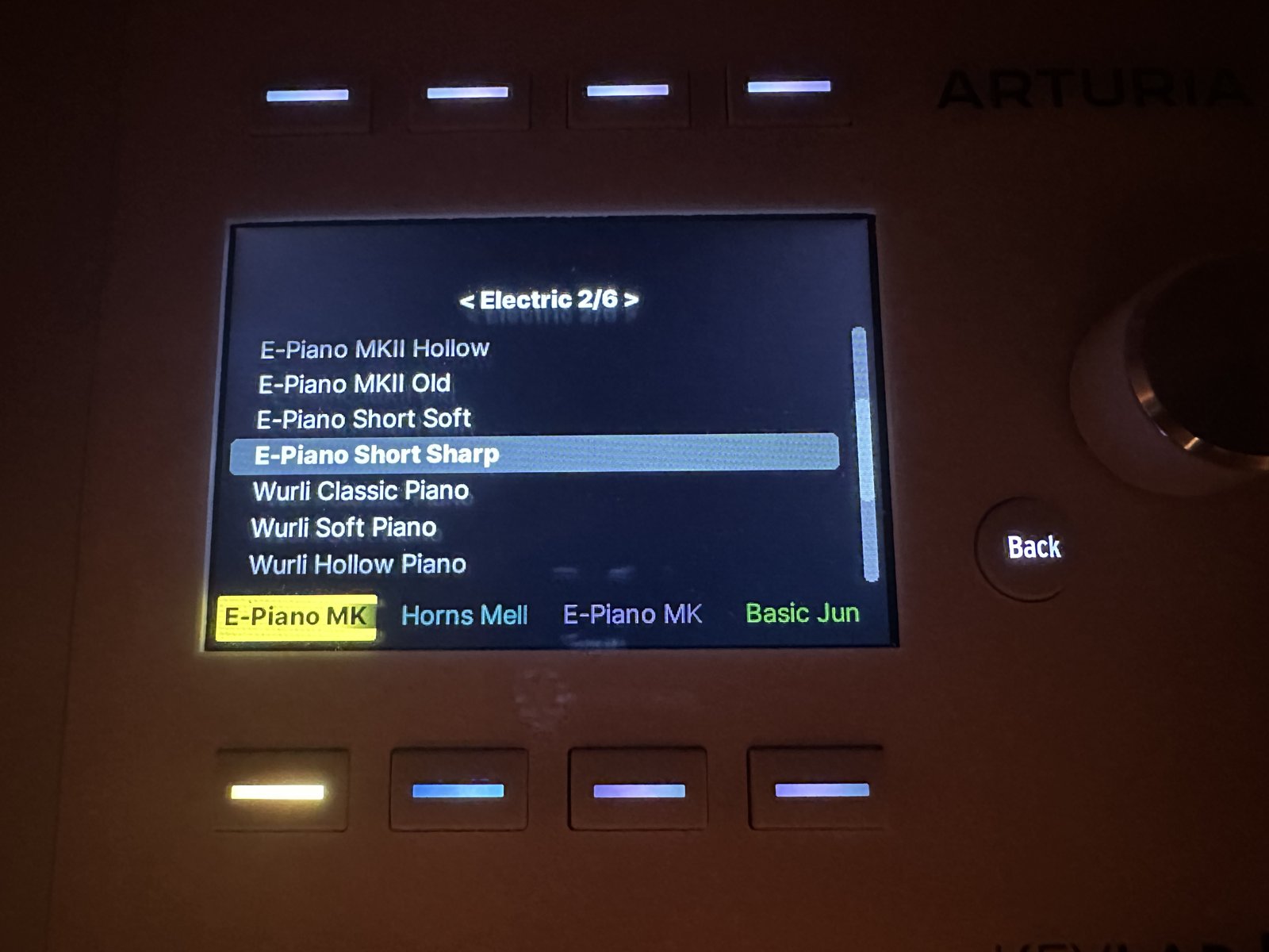 A preset list open on the KeyLab screen: chapter title Electric 2/6, the track's button lit yellow