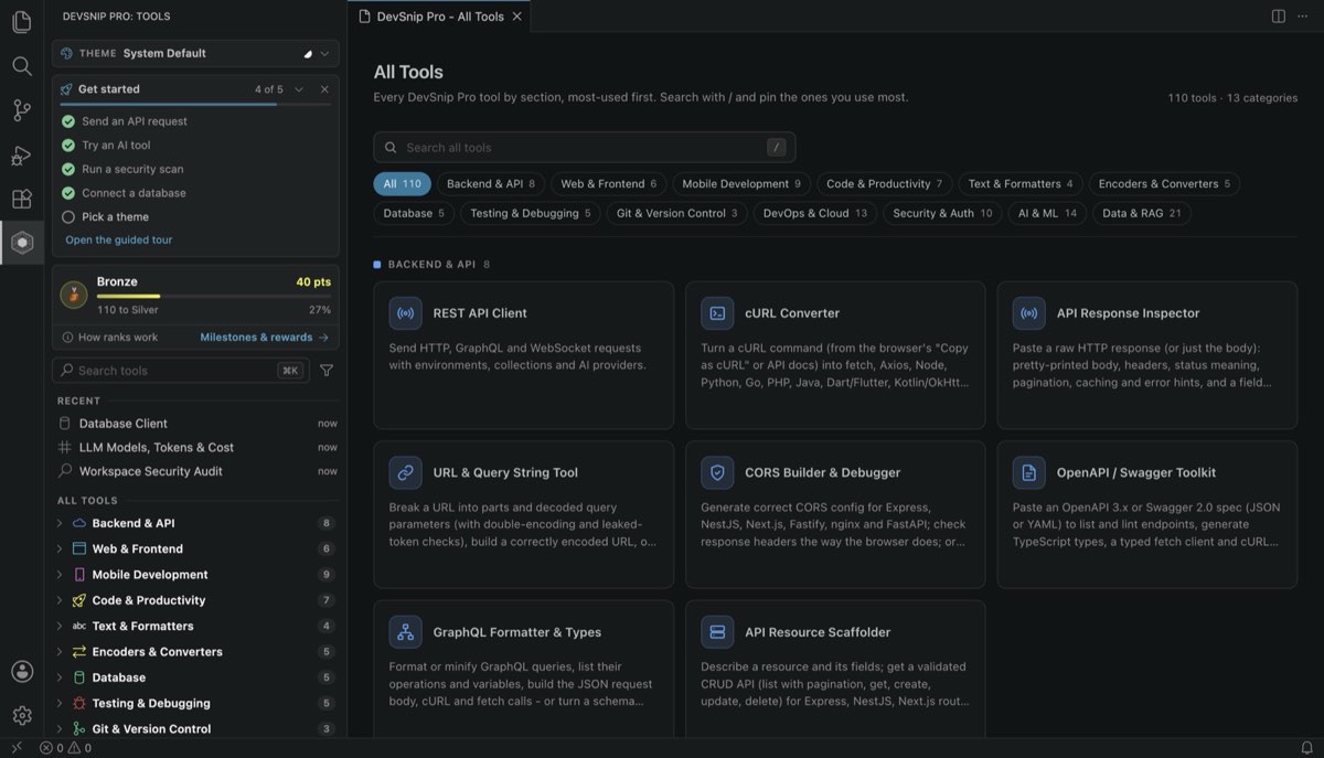 All DevSnip Pro tools in one searchable grid, grouped into 13 sections