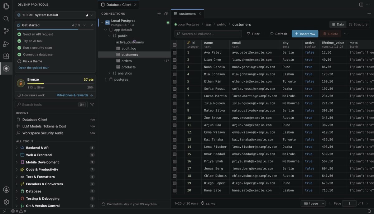 DevSnip Pro Database Client in VS Code browsing a PostgreSQL table with pagination and filters