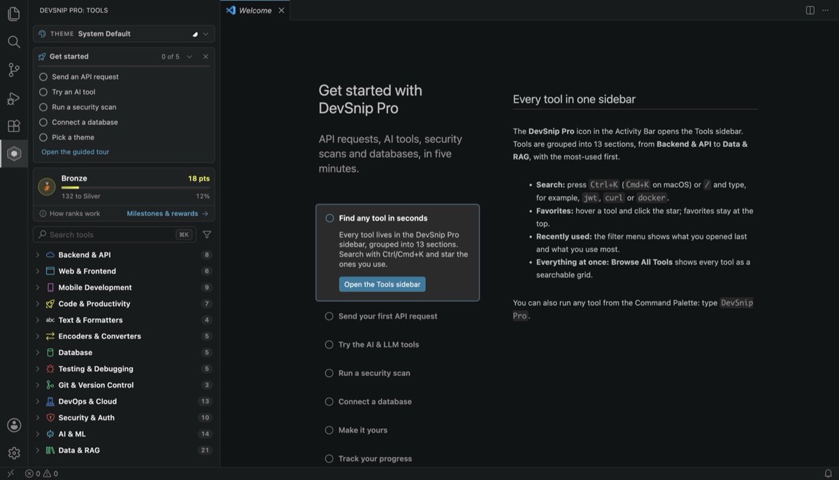 The DevSnip Pro Get started walkthrough on the VS Code Welcome page