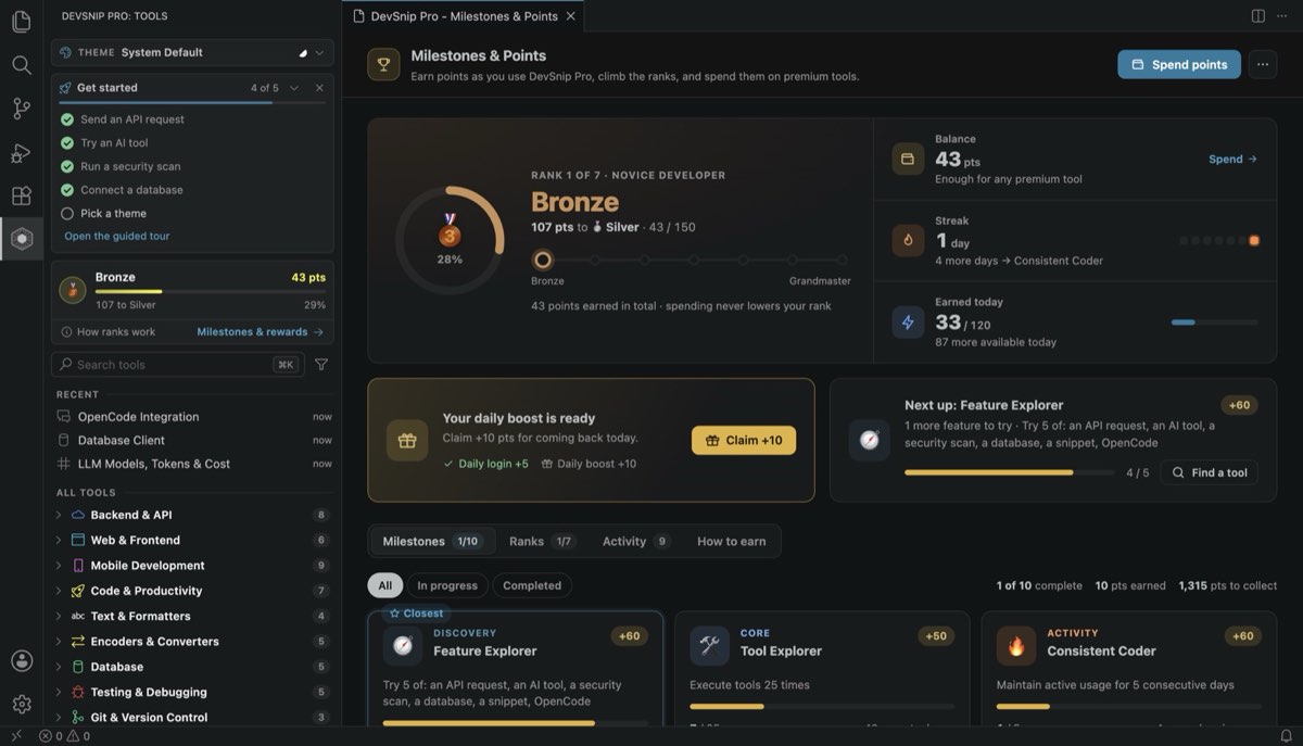 Milestones and Points with rank, streak, daily boost and the Feature Explorer milestone