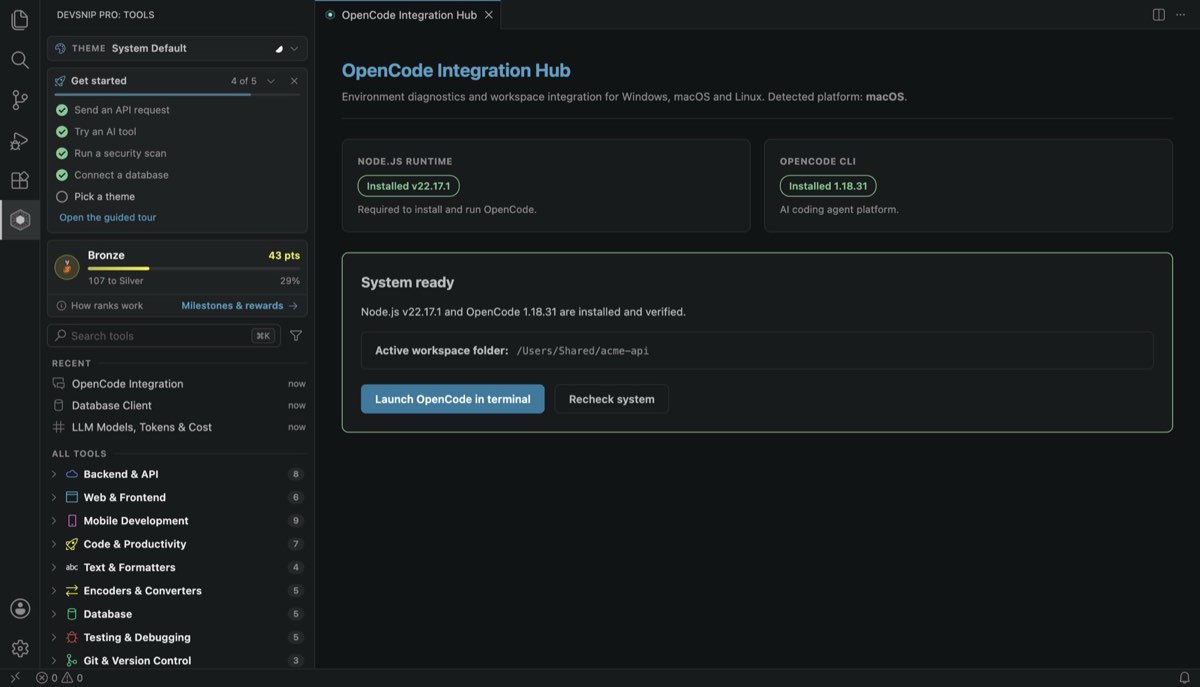 OpenCode Integration Hub in VS Code showing Node.js and OpenCode installed