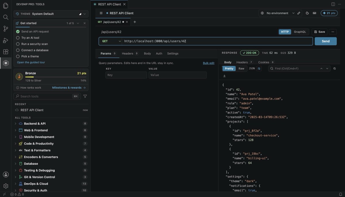 DevSnip Pro REST API Client in VS Code: a GET request with formatted JSON response, status, time and size