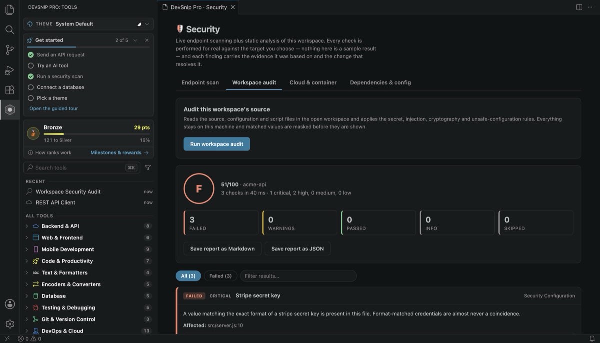Workspace security audit in VS Code finding a hard-coded API key, with severity and fix