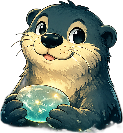 Pebble, contextlake's mascot: a small, friendly dark blue-grey river otter cradling a glowing translucent context-pebble in both forepaws, offering it forward.