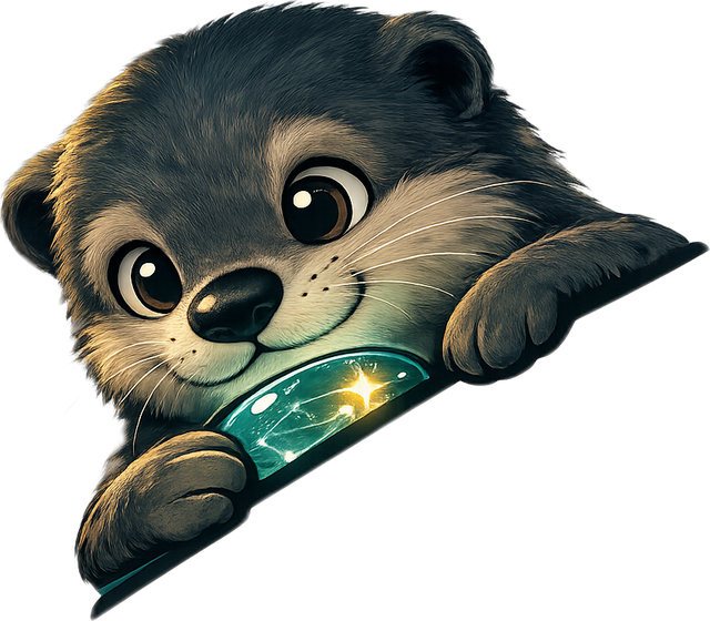 Pebble, the contextlake otter, peeking over an edge and holding the glowing context-pebble.