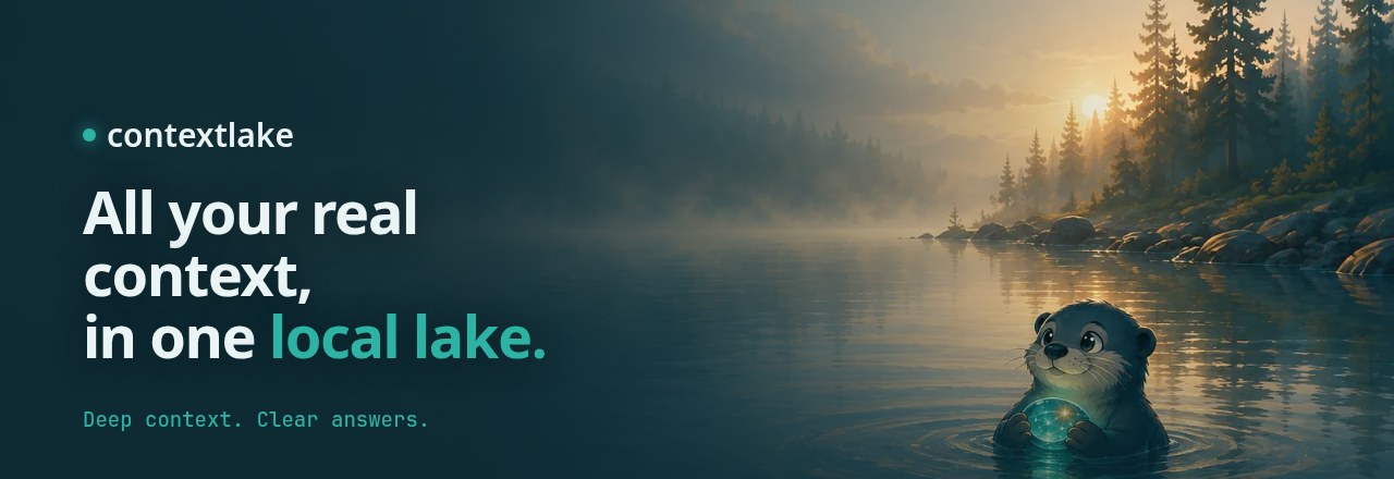 contextlake, all your real context in one local lake. Pebble the otter surfacing from a misty lake cradling a glowing pebble of context.