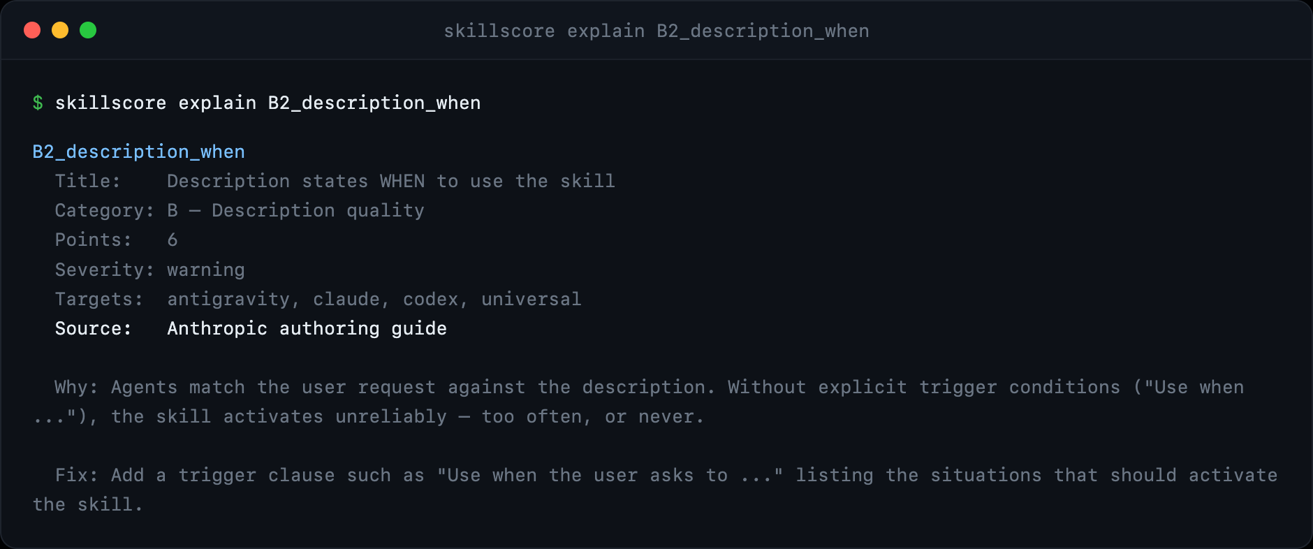 Terminal: skillscore explain B2_description_when shows the title, category, points, severity, targets, source guide, why the rule exists, and how to fix it