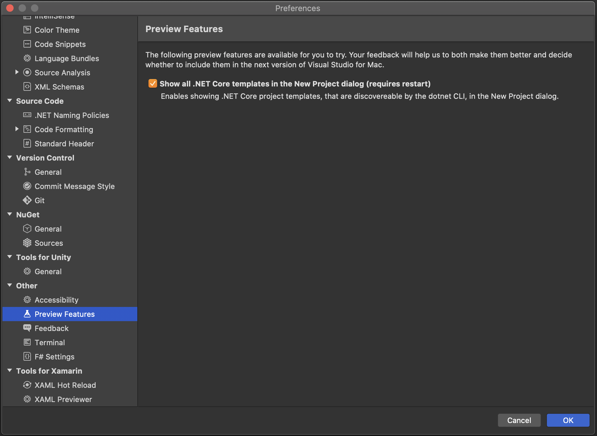 Visual Studio - Tool > Options > Environment > Preview features