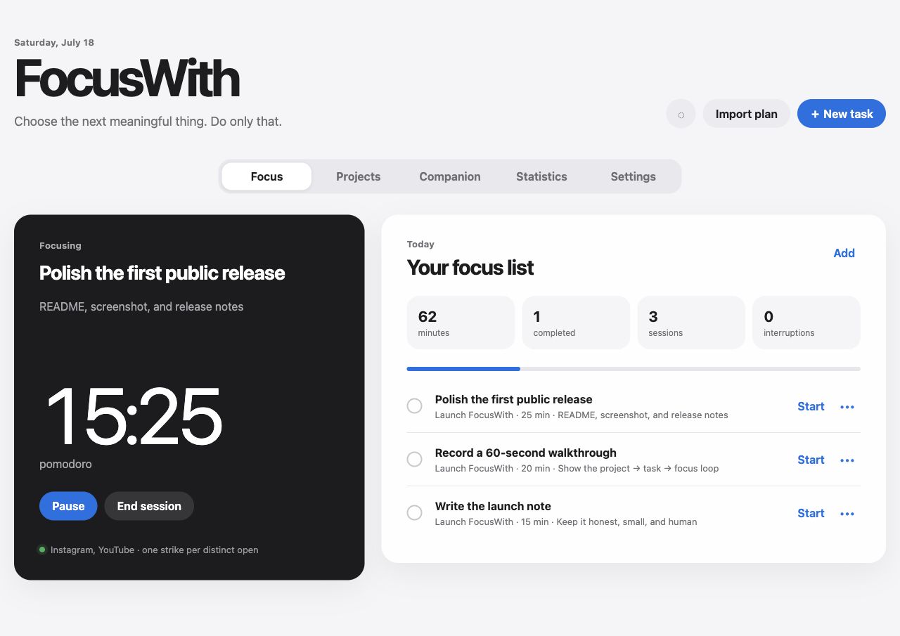 FocusWith focus screen with an active timer, daily statistics, and a task list