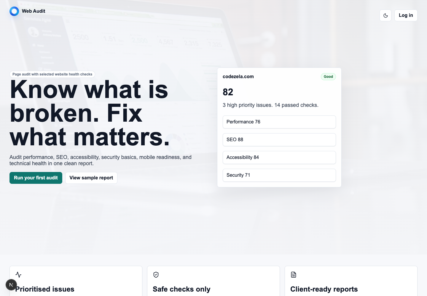 Web Audit home screen