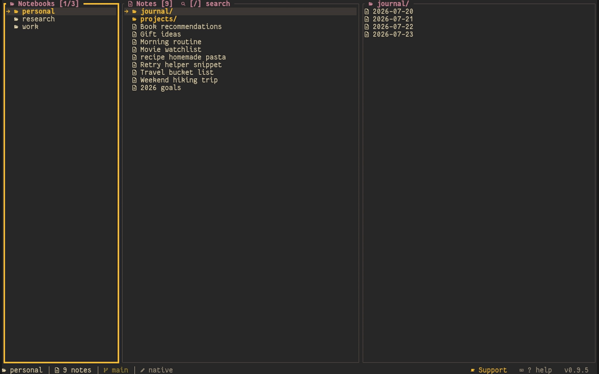 Animated demo of shiki: browsing notebooks and nested folders, global and in-notebook fuzzy search, tags, multi-select batch delete, creating and moving folders, writing a full note, a git commit, and live theme switching