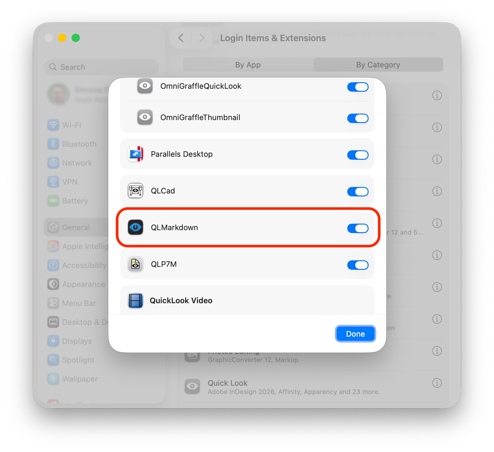 System Settings / General / Login Items & Extensions / Quick Look screenshot