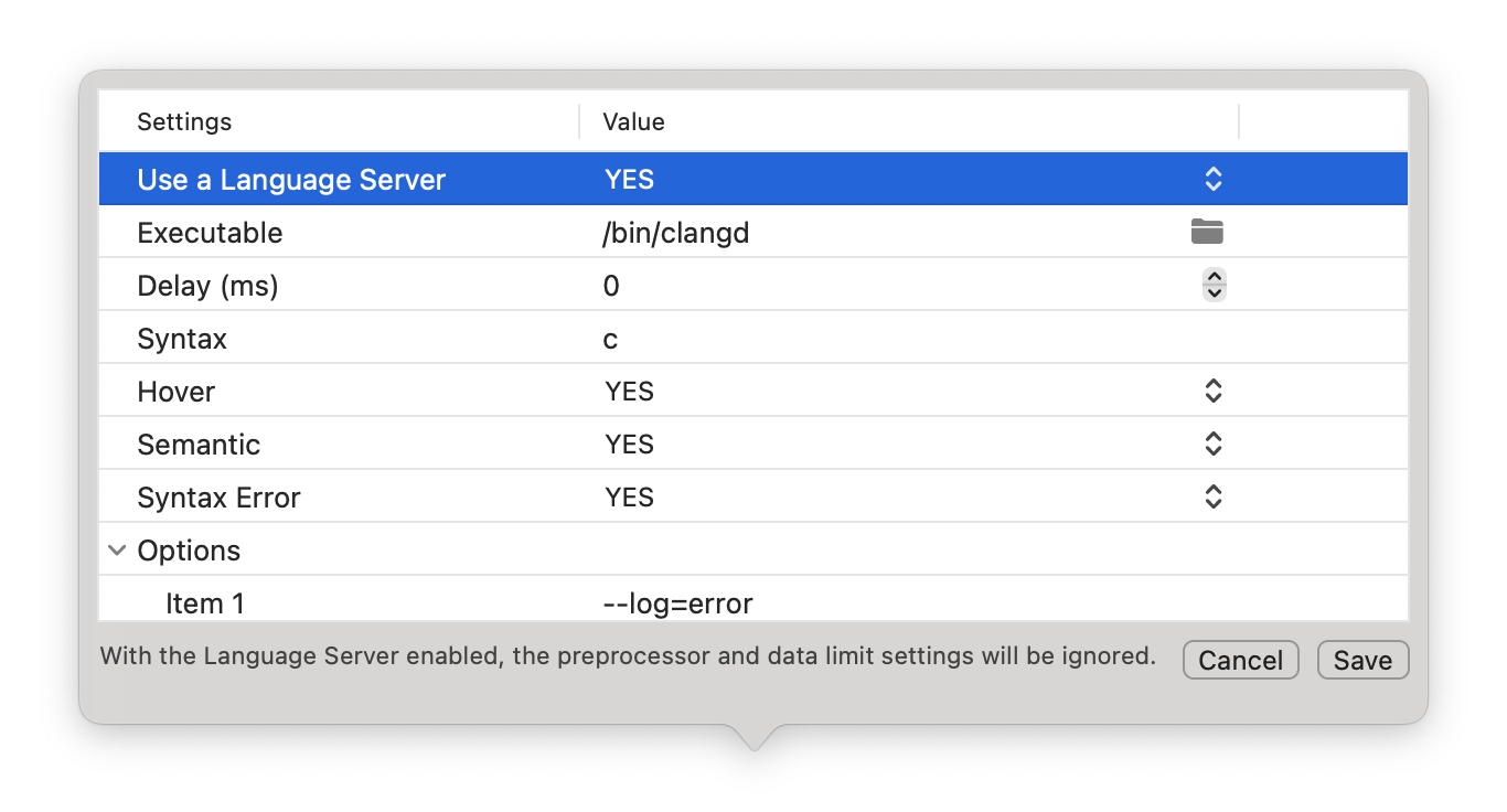 Settings window for specific format