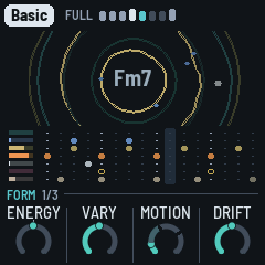 DUB-1's main screen, the Form page: Basic and FULL with the phrase's eight bar cells in the header, the stabs' ripples round the chord Fm7, the seven lanes below, FORM 1/3 on the rule and the knobs Energy, Vary, Motion and Drift