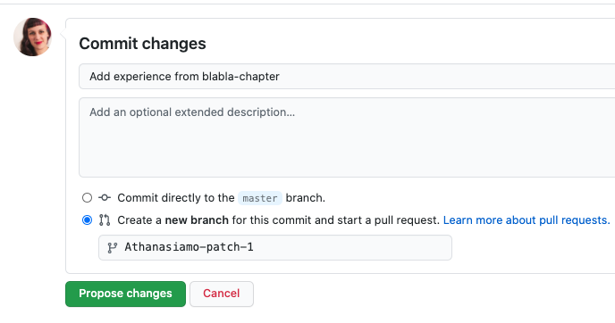Write a commit message, create a new branch, and propose the changes